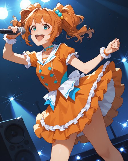 pinup of 1girl, solo, idol concert, singing on stage, cheerful, smile, open mouth, microphone, orange theme, stage lights, white pillar, multicolored neon, large television, glint, light particles,
<lora:TakatsukiYayoi_pony_v1:0.9> tktkyyi, long hair, orange hair, twintails, bangs, aqua eyes, hair ornament, flat chest, small breasts, idol clothes, orange dress, short sleeves, white frills, frilled wristband, skirt, thighs, jewelry, choker,, score_9, score_8_up, score_7_up, source_anime,