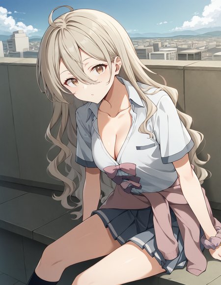 score_9, score_8_up, score_7_up, source_anime, BREAK
1girl, solo, looking at viewer, outdoors, school, rooftop, blue sky, cloud, sitting, leaning forward, cityscape, japan,
<lora:yumeko_shikiya_anime-soralz:1>,
yumeko shikiya, long hair, grey hair, ahoge, wavy hair, hair between eyes, brown eyes,
school uniform, white shirt, collared shirt, short sleeves, collarbone, cleavage, pink bowtie, purple bowtie, loose bowtie, (wrist scrunchie:0.8), sweater around waist, grey pleated skirt,