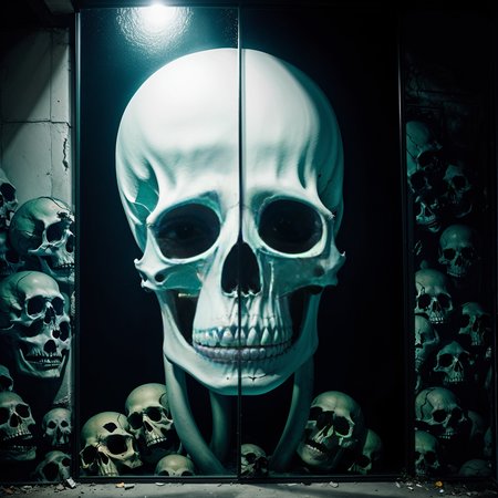 in front of an creepy aqua frosted mirrorpanel seeing through it there are catacombs with catacombs of paris with skulls arranged and a bright light behind it, weathered canvas and brushstroke, in the style of takato yamamoto, unfinished, ugly, <lora:takma2:1.2>