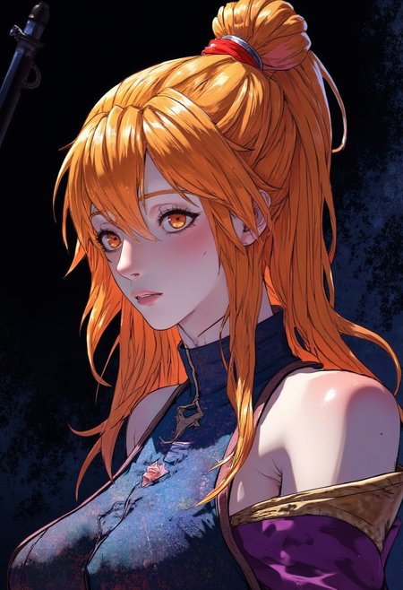 Highly detailed and dramatic digital artwork featuring a young woman with an anime-style aesthetic. The subject is a female character with a fair complexion and long, straight, orange hair styled in a high ponytail with a few strands framing her face. Her hair is adorned with a small, high bun on the top of her head. The background is a dark, textured gradient, enhancing the focus on the character. The overall style is vibrant and dynamic