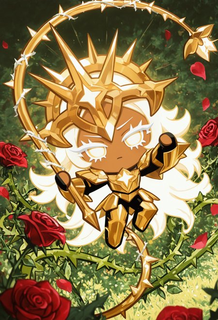 masterpiece,best quality,amazing quality,
colored eyelashes,white eyelashes,
delicate,rose-petal-inspired armor,thorny whip with a rose-shaped handle,majestic pose,riding a giant,blooming flower,solo,full body,sunny,garden background,(floral theme:1.1),(warrior theme:1.1),holding a whip with sharp,thorn-like tendrils,surrounded by an aura of beauty and deadly precision,with a few rose petals and thorns floating around them,and a soft,golden light emanating from their flower steed as they charge into battle,
crk1styl111,<lora:lycoris:1>,(chibi:1.4),