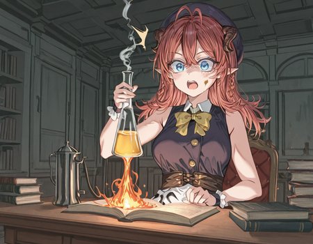 masterpiece, amazing quality, high resolution, 4ldehyde, 1 girl, solo,Rub3rry, long hair, double ahoge,red hair, braid, devil horns, medium breasts, magic school uniform, blue eyes, Desk, alchemy set, holding a beaker, smoke could, after explosion, dust in face, dust in clothes, surprised expression, eyes wide open, ahoge in fire