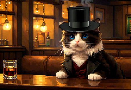 (pixel-art), modeltrue, houdinicat, best quality, 4k, hd, a cat with a black top hat in a bar looking nostalgic smoking a cigar, indoors, instrument, (1cat), silly_cat, standing, window, table , bottle, hat, smile, looking_at_viewer, scenery, guitar, chair,  night, glasses, curtains, lantern, depth_of_field, realistic, couch, shadow, choker, jacket, light, fire, open_clothes, profile, low light, ray tracing, melancholic, dutch_angle