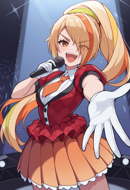 masterpiece, best quality, newest, solo, 1girl, s4k1idol, :d, teeth, looking at viewer, singing, holding microphone, outstretched arm, streaked hair, blonde hair, orange hair, hair over one eye, ponytail, orange eyes, v-shaped eyebrows, red jacket, plaid jacket, puffy short sleeves, white shirt, orange necktie, white gloves, orange skirt, pleated skirt, concert, stage, spotlight
<segment:yolo-Anzhc Face seg 640 v2 y8n.pt,0.4,0.5//cid=1>