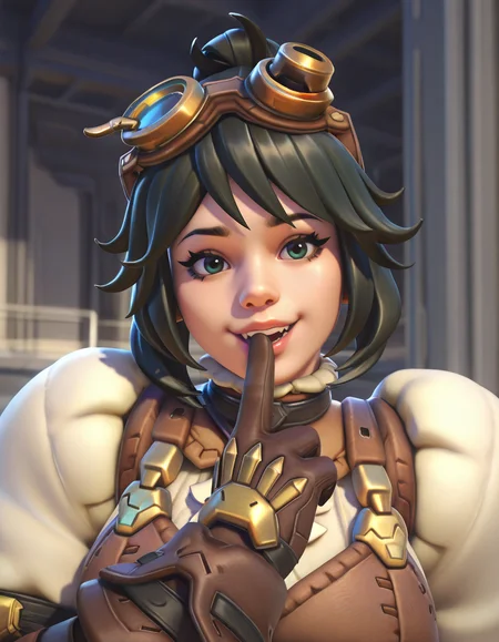 Masterpiece, high-res, 2k, best quality, 2.5d, realistic, ,  1girl, alchemist mei, mei (overwatch), black hair  <lora:mei_alchemist_illus-000043:1> Playful Arm Fold: Cross your arms in front of your chest leaving one finger slightly extended and tilt your head with a playful expression. This pose adds a touch of mischievousness.