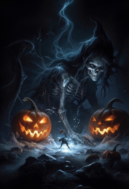 score_9, score_8_up, score_7_up, Halloween theme, /BREAK/  Dark light, Dark theme, Glowing eyes, ice haze, jack-o'-lanterns, dark fantasy, skeleton, smoke cloth, /BREAK/ hyper detailed, ultra detailed, hight resolution textures, masterpiece, best quality, 32K UHD, ArsMJStyle, dnddarkestfantasy, mythp0rt, smoke cloth, zkeleton, Gloomy,
