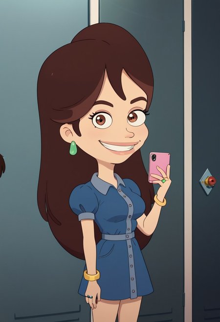((bedroom background)),score_9, score_8_up, score_7_up,score_6_up, Source_cartoon, masterpiece, HD
1girl, Solo, Devin_BM, light skin, brown eyes, reddish brown hair, reddish brown eyebrows, long hair, green oval-shaped earrings, golden bracelets, golden ring, blue denim dress with buttons, brown lace-up ankle boots, medium stature, social smile, big eyes, sexy face, close-up, face photo, perfect eyes, perfect smile, looking at the viewer, big breasts, detailed eyes