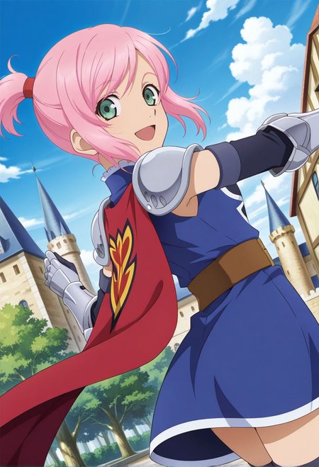 detailed eyes, beautiful, detailed background, perfect eyes,
source_anime, very aesthetic, anime coloring, masterpiece, official art,
<lora:HandFineTuning_XL:1>
BREAK,
castle, royal palace, indoor,
light smile, dynamic angle, from behind, 
close up, cowboy shot,
looking back, open smile,
BREAK,
<lora:estelleX_illustriousXL_v03:0.9>
estelleRnd, estelleknight, green eyes, pink hair, short hair, bangs, ponytail, 
armor, silver pauldrons, gauntlets, belt, thighhighs, shoulder armor, blue dress, detached sleeves, short sleeves, cape
greaves,