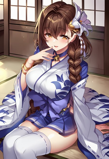 score_9, score_8_up, score_7_up, masterpiece, source_anime BREAK 1girl, ct_shira, yellow eyes, brown hair, long hair, braided ponytail, hair flower, large breasts, blue kimono, neck bell, collar, gold bangle, long sleeves, wide sleeves, hakama short skirt, white thighhighs, looking at viewer, indoors, wooden wall, cowboy shot, sitting, thighs, <lora:ShirayuriSakura_Pony_ct_ver2-000007:1>