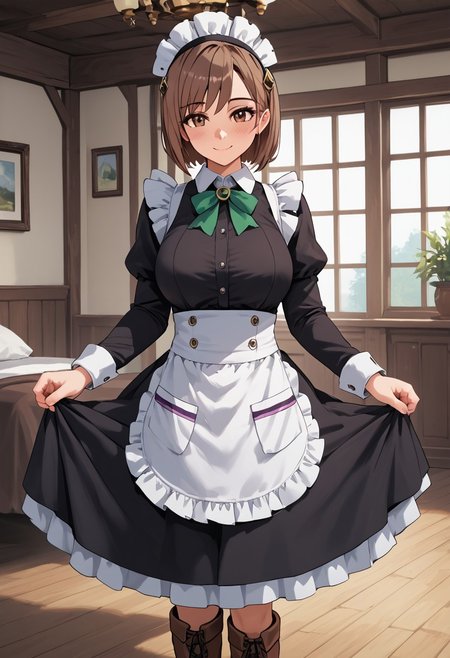 score_4,score_5,score_6,score_7_up,score_8_up,score_9 ((masterpiece,best quality,ultra detailed,highres,HD,4k:1.2)), 
1 cute girl,solo,girl focus,solo focus,face focus,
indoors,
short hair,brown hair,brown eyes,large breast,huge breast,
maid headdress, maid,apron,long sleeves,long skirt,maid apron,boots,
looking at viewer,
smile,happy,closed mouth,blush,