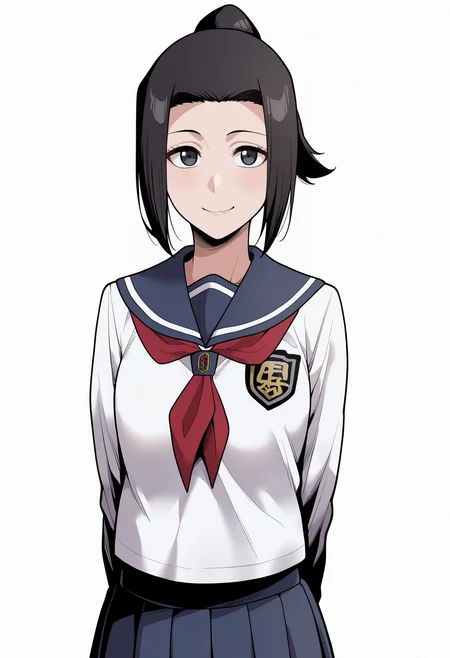masterpiece, best quality, very aesthetic, absurdres,
1girl, karinkurosaki, black eyes, black hair, ponytail,
white shirt, pleated skirt, school uniform, serafuku,
hands behind back, smile, upper body, looking at viewer, solo, simple background, white background,  <lora:KarinKurosakiNoobXL_byKonan:1>