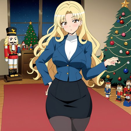 sfw, score_5_up, (best_quality:1.0), score_9, score_8_up, anime coloring, solo, medium breasts, wide hips, big hips, toned thighs, parted lips, solo, anime coloring,(brown eyes), black eyeliner, eyelashes, (long, blonde hair, long hair, curly), blush, (perfect face), milf, slender, big breasts, nutcracker, Black Pencil skirt, pantyhose, blue jacket, 1990s_(style), retro style, living room, night, christmas tree, christmas ornaments, red carpet