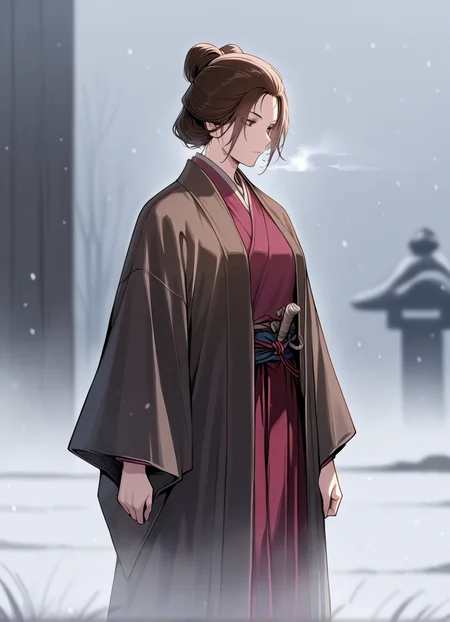 masterpiece,best quality, 1girl, standing,blurred background, (fog:1.2),snow background, solo, EmmaSekiro,  <lora:EmmaSekiro:1>