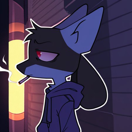 sinnerpen,
masterpiece,best quality,amazing quality, sfw,
BREAK
solo, lucario, male, no human,
BREAK
1boy,  displeasure expression, tired, hoodie, hood,
standing, smocking, 
from side, half body, night, dark ambient, cigarette light, alley, focus face