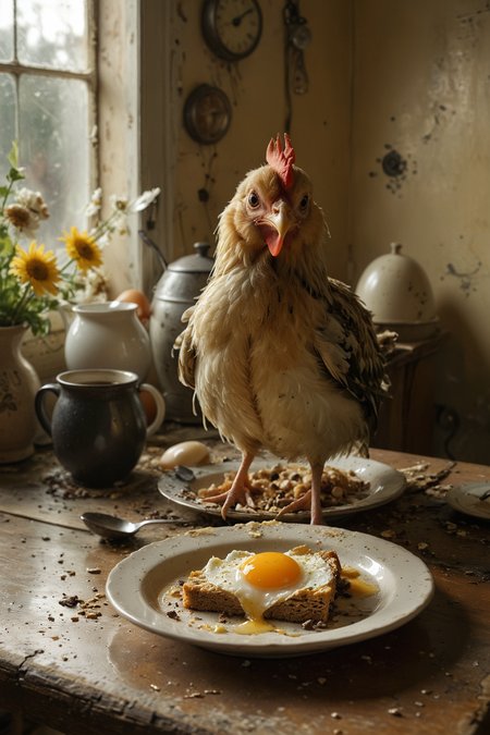(art by Jean Baptiste Monge:1.4), A comical scene featuring a chicken standing in front of a half-eaten breakfast egg, looking utterly bewildered at the camera. The chicken's feathers are ruffled, and its head is tilted to the side, with wide eyes full of confusion and curiosity. The breakfast setting includes a plate with the partially eaten egg, some toast crumbs, and a small splash of coffee nearby. The background is a cozy kitchen table bathed in warm morning light, adding a touch of humor and charm to the scene.
 <lora:MJ52:0.5> <lora:zavy-cntrst-sdxl:1> dark <lora:add-detail-xl:2>