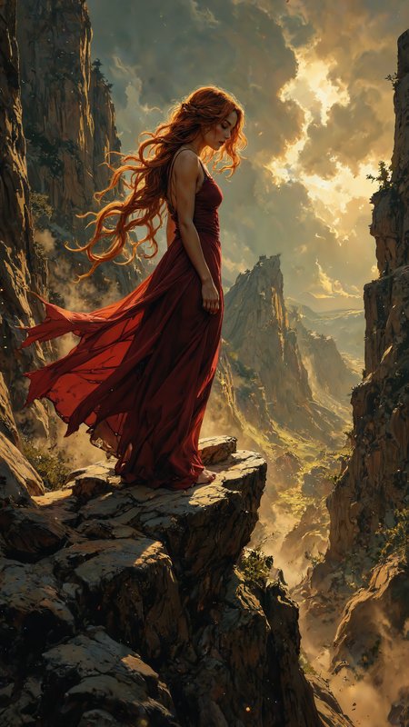 aidmafluxproultra, A high-quality, whimsical digital artwork in the style of pinksoftcoreanime, high-resolution anime-style illustration, impressionistic influences, lone woman standing atop a jagged rock formation, towering cliffs surrounding her, wind pulling at her long, intricately braided auburn hair, deep crimson dress billowing wildly, stormy sky filled with swirling dark clouds and streaks of golden light breaking through, vast canyon landscape stretching below, dust and mist rising from the depths, painterly brushstrokes, dramatic and awe-inspiring atmosphere <lora:aidmaFluxProUltra-FLUX-v0.1:0.3> <lora:ILLUSTRATION_(FLUX)_-_V3.1:0.6> <lora:Anime_Art_V3:1.0>