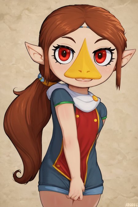 score_9, score_8_up, score_8, medium breasts, (curvy), cute, eyelashes,       BREAK, , <lora:MedliZelda_PDXL_v2:0.8>,  zzMedli, solo, 1girl, brown hair, beak, pointy ears, bird, long hair, long hair, red eyes, ponytail,, BREAK, <lora:Afrobull_PDXL_v4:0.8>,  BREAK, smile, looking at viewer, closed mouth, cowboy shot,  embedding:zPDXL, Expressiveh,  <lora:SDXLFaeTastic2400:0.5>,  <lora:Expressive_H-000001:0.4>,
