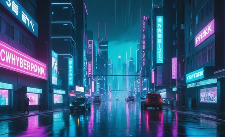 <lora:cwhyberponk1:1>,cwhyberponk1,r0k@p@nk,cwhyberponk0,cwhyberponk,str33tv13w,, scenery, city, cityscape, science fiction, city lights, street, neon lights, realistic, cyberpunk, dark,, Calmness theme, soft blues, (greens:0.6), (neutral tones:0.3), soft steady gaze, (slightly narrowed or half-closed eyes,  gentle, neutral, or slight smile, relaxed facial muscles:0.6), relaxed, (upright posture, shoulders dropped and not hunched:0.6), (slight breeze:0.4),