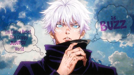 Cinematic, 8K UHD, Ultra-detailed.
On-screen, the title appears in a fantastical, dreamlike dark purple font, reading: “((I’m Gonna Reset)) ((This Crappy)) ((JUJUTSU)) ((World)),” painted in vivid, enchanting colors.
Floating in the air, an epic text reads “((♡BUZZ♡)),” in a whimsical, colorful, fantasy-style font..

The scene centers on a close-up of a young man with ((glowing)) luminous purple and white hair and glowing, bright blue ((glowing)) eyes. He wears a closed dark purple jacket a piercing, intense gaze, filled with a sharp, almost deadly expression. One hand rests thoughtfully on his chin, as if lost in deep contemplation. The background features a cloudy sky, touched by shades of blue. The overall mood is brooding and reflective, evoking a sense of seriousness and introspection. ((Below view))