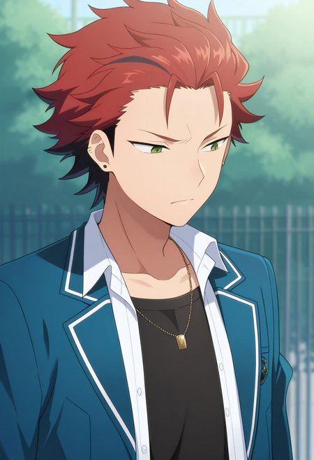 masterpiece,best quality,amazing quality, source_anime, 
kuroooky, 1boy, male focus, solo, green eyes, red hair, multicolored hair, jewelry, earrings, ear piercing, necklace, school uniform, black undershirt, white shirt, collared shirt, open shirt, jacket, blazer, blue jacket, open jacket,
outdoor,