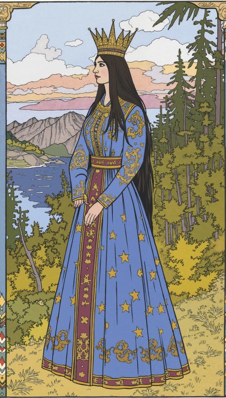 An illustration of a beautiful Russian girl queen in a traditional Slavic dress style. She has long, dark hair and wears a crown adorned  with intricate designs. The queen's dress is blue and gold, with a pattern of stars and stripes. The background is a serene landscape of mountains, trees, and a body of water. The overall image has a fairytale-like quality