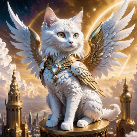 8k, Fluffy White Angel cat perched upon golden bejeweled tower in a heavenly utopian city, huge feathery angel wings, glowing nebula eyes, white flowing clouds, ivory armor with diamond gem inlay, trending on artstation, sharp focus, studio photo, intricate details, highly detailed, by tim burton