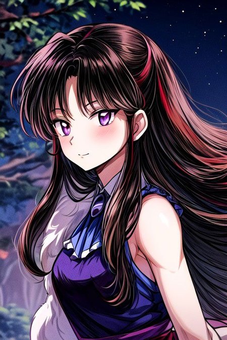 masterpiece,  best quality 1girl Setsun4 solo long hair,  (night time) forest background black hair very long hair purple eyes multicolored hair armor (fur trim) (medium body),<lora:EMS-179-EMS:0.800000>,<lora:EMS-293862-EMS:0.800000> bow, hair_bow, hair_tubes, red_bow, brown_hair, long_hair, bangs, ascot, frilled_bow, yellow_ascot, blush, smile, hair_between_eyes, athletic, armor