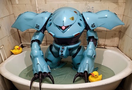 score_9, score_8_up, score_7_up, source_anime, front view, BREAK, ( hygogg, blue_hygogg_armor, pink monoeye, looking at viewer, leaning forward, long arms, very long arms, claw on edge of tub, long claws) 1mech, wide mech, large shoulders, large shoulder armor, mech focus, solo, BREAK, bathroom, hygogg in bathtub, in water, half submerged, rubber ducks, holding rubber duck in claws,