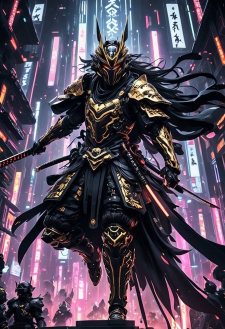 A closeup of fantastical image of a kurosawa samurai, jumping on the top building while holding a sword, cyberpunk-style warrior, The subject is clad in an elaborate, dark armored suit with intricate details and glowing gold accents, The helmet features sharp, angular designs with a menacing, visor-covered face, The armor includes various technological components and Japanese kanji characters in white and gold on the chest and arm, The warrior is equipped with multiple swords, filled with power and determination, glowing sword, jumping, motion jump, action pose, from behind view, from above view, behind from afar view, futuristic tall digital buildings, futuristic digital city, was in a very tall building, skindentation, glowing, shiny, scifi, neon lights, intricate artistic color, cinematic light, radiant, vibrant, perfect symmetry, Grayscale, Dramatic spotlight, highly color focused, dynamic motion,