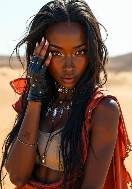 Photorealistic depiction of a beautiful, dark-skinned female cybernetic Tech-Nomad in a Post-Apocalyptic Desert, 

Include fingerless gloves with tiny crystals embedded along the seams, catching the light and adding a touch of sparkle to her outfit. Include a choker with intricate beadwork and a central gemstone that glows softly, drawing attention to her neckline and face.a layered shawl with intricate fractal edges, draped over her shoulders and moving gently with her, adding depth to her outfit. Subtle dirt on her face

Leaning forward slightly with one hand resting gently on her head,