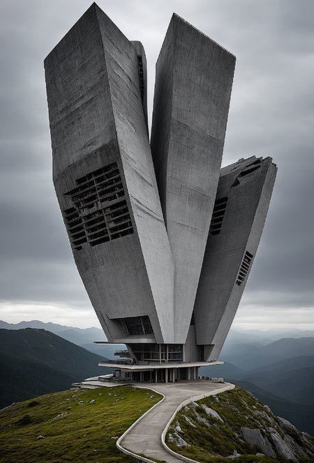 dreamscape misty cloudy top of the rocky mountain, a person standing against huge concrete simplistic shaped structure brutalism style,(( dull composition with faded colors)), size contrast composition between huge abandoned building and a lonely person really small sized comparing to structure shaped by zaha hadid,towering polygonal concrete building by zaha hadid . surreal, ethereal, dreamy, mysterious, fantasy, highly detailed, brutalist building