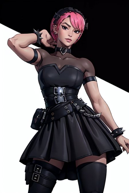 masterpiece,best quality,face detail,extreme detail,8k,white background,<lora:minapark:0.7>,minapark,1girl,solo,looking at viewer,short hair,skirt,thighhighs,dress,jewelry,standing,pink hair,choker,belt,black thighhighs,black eyes,black dress,bracelet,thigh strap,spikes,pouch,spiked bracelet,gothic,wide hips,cowboy_shot,