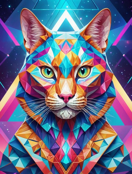 Geometric shape cat, hyperrealistic, geometric background with optical illusion, high detail, vibrant colors, dynamic composition, ethereal, soft lighting, intricate designs, ultra-quality, abstract polygonal art, symmetrical patterns, modern design, futuristic theme