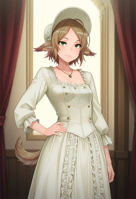 (1girl, solo) noa riads, animal ears, Green Eyes, tail, brown hair, short hair, Pretty eyes, , 1girl, solo,, brown hair,, fluffy tail, ahoge, animal ears, dog ears, small breasts, swept bangs , green eyes, animal ears, tail, , ,
Eye focus , shiny skin, shiny body, shiny hair, (best quality) , (highly detailed) ,((masterpiece)), ((best quality)), (ultra-detailed), ((extremely detailed)), (high resolution), 4K, (8K), best quality, (beautiful), (dynamic lighting), (super detailed skin), sharp focus,detailed eyes、detailed face and detailed skin detailed eyes、detailed face and detailed skin,  , clear skin, shiny hair, ultra detailed eyes, depth of field, sharp, intricate details, hyperdetailed, , 
, best quality, (beautiful), (dynamic lighting)  (standing, 3/4 view), perfect face, beautiful face, defined cheekbones, defined jawline, confident expression, narrow eyes, one hand on hip, perfect hands, 5 fingers, slender waist, Victorian dress with white frills, bonnet hat, , necklace,
  ,, shindol style