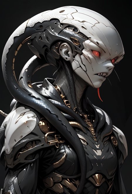 Subject: A humanoid-shark hybrid creature, with the head of a great white shark and a muscular, off-white humanoid body. snake, snake on shoulders, upper body. The creature stands aggressively, with its shoulders squared and head tilted forward, revealing a menacing snarl and rows of sharp teeth.
Visual Elements: The shark's head is smooth, pale grey, with a pointed snout and visible red eyes. A small dorsal fin is visible behind the head. The creature's body is rough and textured, with a crudely stitched scar running horizontally across its chest. Golden, pointed, blade-like protrusions or armor pieces are visible on the creature's shoulders.
Lighting: Dramatic lighting, with a darker background that emphasizes the creature's features and provides a stark contrast to its lighter skin. The background is blurry, dark teal or blue-grey,
Camera Angle: Close-up, focusing on the creature's upper body and head. The angle of projection is slightly from below, looking up at the creature, enhancing its imposing presence.
Composition Style: The image is not a photograph, drawing, or line art, but a digitally created image, likely a rendering. There are no visible accessories, clothing, or wearable tech. The style of the artwork is realistic, with a high level of detail in the creature's skin texture and facial features.
sn4k3, snake, snake on shoulders, upper body, asdfm3cha, mcnm, monochrome, glow, neon