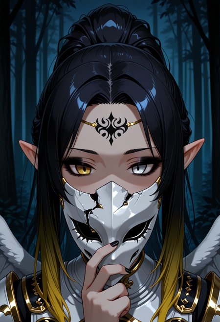 1girl, solo, mature, elf ears, black hair, (ponytail hair:0.9), long hair, gradient hair, yellow hair, heterochromia, white eyes, yellow eyes, gradient eyes, (black eyes:0.5), close up, portrait, white wings, furled wings, half oni mask, white mask, gold accents on the mask, (broken mask, missing mask parts), holding mask, white armor, armor with black and gold accents., runic tattoo on forehead, black nails, long fignernails, goth, black eyeshadow, black eyeliner, forest outdoors, night, (dark, dark lighting:1.3), 
(masterpiece:1.1), best quality, absurdres