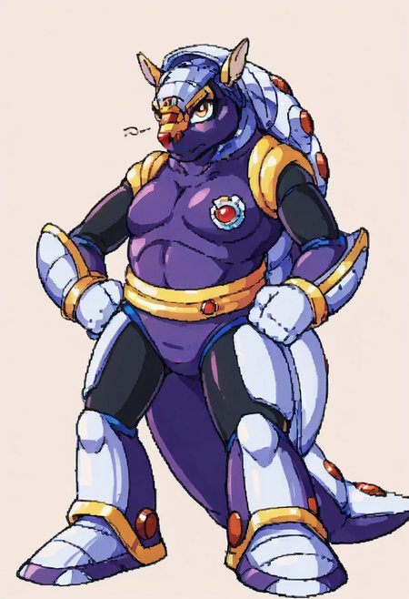 score_9, score_8_up, score_7_up, score_6_up, score_5_up, source_furry, maverick, armored armadillo, mmx, purple + gold armor, armadillo, metallic, robot animal, shell, red nose, armadillo ears, genderswap, 1girl, female, adult, breast, solo, looking at viewer, unamused, glare, hands on hip