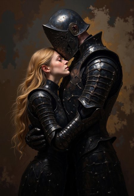 A close-up of two figures in dark, medieval-style armor, locked in an intimate embrace. The main figure, a tall and muscular knight, wears a full suit of black plate armor with intricate details and sharp, angular edges. His helmet is completely closed, obscuring his face, and his body is slightly leaning forward as he holds the second figure tightly. The second figure is a woman in matching black armor, with long, flowing golden hair cascading down her back. Her face is partially visible, pressed against the knight"s chest, her eyes closed. Their armor reflects minimal light, highlighting the texture of the metal. The lighting is soft and subdued, creating a moody and emotional atmosphere. The background is a muted, abstract blend of dark browns and grays, drawing full attention to the figures.  <lora:FLUX-daubrez-DB4RZ:0.93> DB4RZ, DB4RZ style painting,  <lora:aidmaImageUpgrader-FLUX-V0.1:0.33> detailmaximizer,