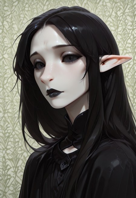 1 person, (lapanya, snout nose:1.4), solo, androgynous, pointy ears, sleek hair, straight hair, long hair, black hair, straight hair, parted bangs, hair over shoulders, ((flat black sclera, pinprick irises)):1.5, (very pale skin, white skin), ((full lips, black lipstick)), parted lips, black cloak, low collar, collarbone, side view,
3/4 view, head focus,
Medieval style, Smooth colors, detailed face, smooth skin, smooth nose, organic cavern background, clean lines, high quality, best quality, masterpiece, rating: safe, source: semi-realistic,