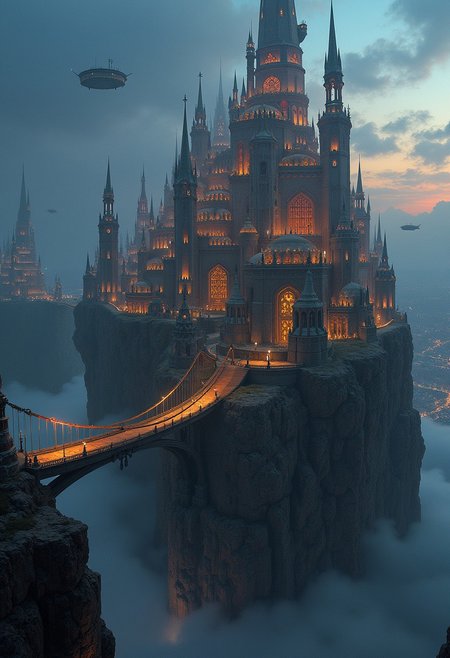 medieval fantasy, A city of towers that rises from a cliff above a vast chasm. The towers are of different heights, shapes, and colors, some reaching the clouds, some barely standing. The city is lit by magical lights of various hues, creating a dazzling spectacle at night. Bridges, cables, and flying vehicles connect the towers, forming a complex network of transportation. The city is home to people of many races, cultures, and backgrounds, who live in different districts and levels of the towers. The city is a hub of commerce, politics, and magic, but also a place of danger, intrigue, and mystery.