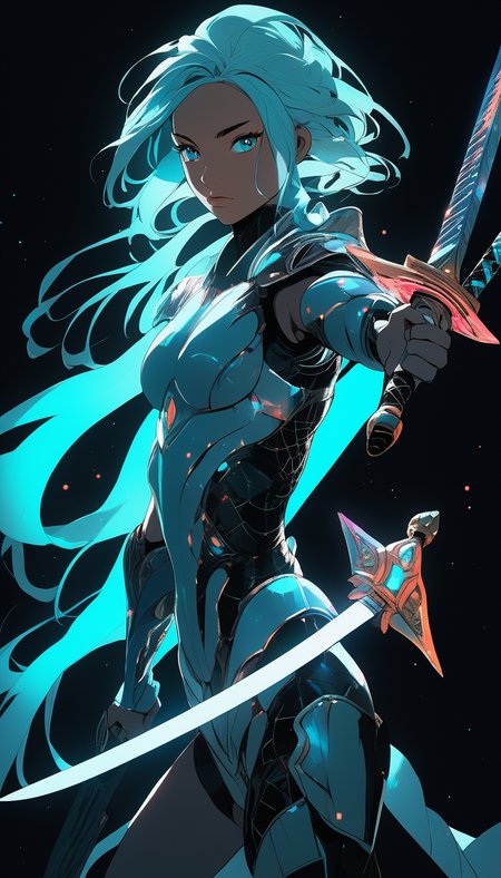 masterpiece, best quality, 1girl, solo, futuristic, holding sword, intricate, over the shoulder, looking at viewer, black background, simple background, glow in the dark, sci-fi, multicolored hair, aqua eyes, warrior