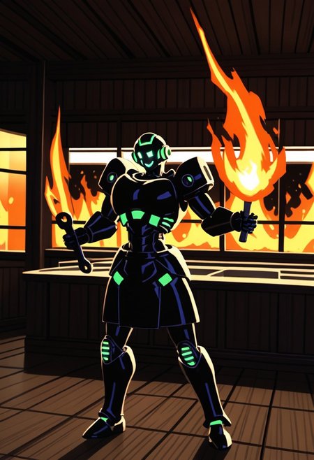 score_9,rating_safe,source_anime,mydaz,a burning robot holding a wrench in a server room that is on fire,solo,no humans,robot,indoors