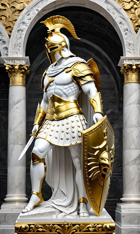 a statue of a man in armor, best quality, masterpiece,  <lora:cstatuesdxl:0.8>, cstatuesdxl, white and gold,hood, carrying a sword