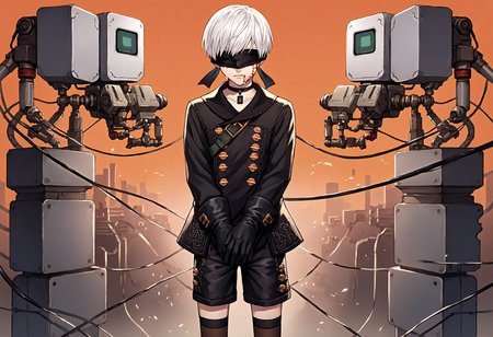 cybernetic robot score_9, score_7_up, source_anime, uncensored, cowboy shot, head tilt, downpants, orange background, (bleeding wound:1.25), hands between legs, crying with joy, music video, Nian (mythology), arena
<lora:NierAutomata_9S_v1.0:1> 9S, 9s (nier:automata), 1boy, solo, gloves, shorts, black gloves, white hair, black blindfold, black choker, short hair, kneehighs, long sleeves, black jacket, double-breasted, jacket, buttons
. android, AI, machine, metal, wires, tech, futuristic, highly detailed