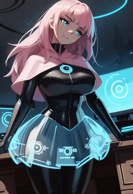 score_9, score_8_up, score_7_up, score_6_up, score_5_up, score_4_up, 1girl, solo, black latex bodysuit, large breasts, head tilt, sci-fi, standing behind desk, typing, holograms, 
BREAK,
pink capelet, pink hair, long hair,
BREAK,
Hologram skirt, blue skirt, transparent skirt