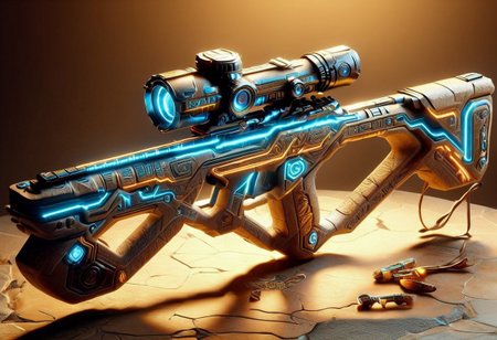 egyptTech, neon crossbow, scope, Egypt Tech neon crossbow with scope, fantasy Egypt Tech neon crossbow with scope, science-fiction Egypt Tech neon crossbow with scope, Egypt Tech neon crossbow with scope aesthetic, elegant, majestic, detailed, ultra realistic, masterpiece, high detailed skin, high definition, high quality, anime cgi, detailed matte painting, deep color, fantastical, intricate detail, splash screen, complementary colors, fantasy concept art, 8k resolution, Unreal Engine 5