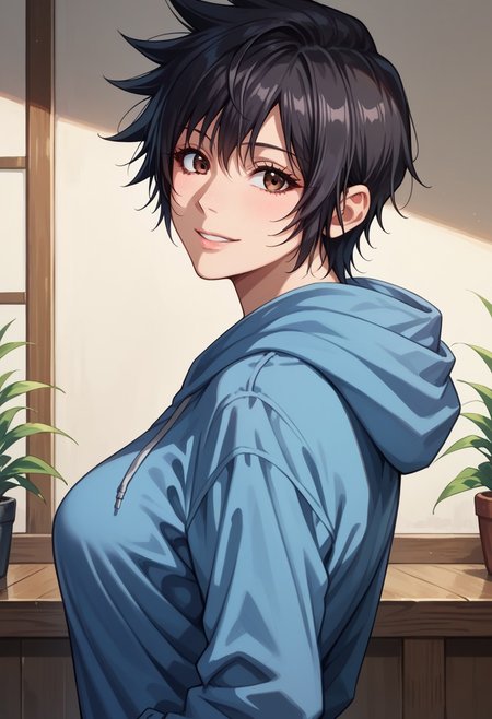 anime artwork, score_9, score_8_up, score_7_up, score_6_up, score_5_up, solo, perfect eyes, detailed eyes, beautiful female, detailed face, dynamics lines, 20 year old, perfect beautiful face, long eyelashes, sharp eyes pupils, (room:1.3), (upper body:1.5), medium breasts, side view, 1girl, black hair, short hair, spiked hair, brown eyes, blue hoodie, looking back, smile