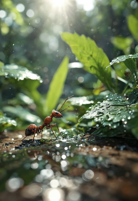 a ultradetailed beautiful, perfect, hyper realistic, digital art, a ant drinking water from dew drop on leaf, solar, sunlight, artstation, exquisite detail, Canon EOS 450D, 50mm lens, f/9, ISO 400, shutter speed 1/125, award winning photograph, perfect contrast, ultra-detailed photography, raytraced, global illumination, ultra high definition, 8k, unreal engine 5, award-winning photograph, trending on artstation  <lora:add-detail-xl:1>  <lora:MJ52:0.5>