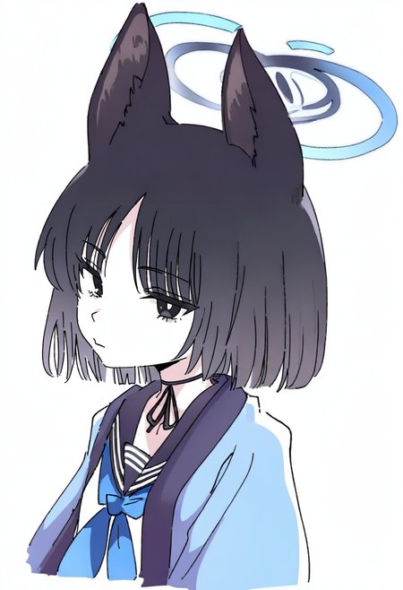 1girl, solo, halo, animal ears, white background, black hair, simple background, sailor collar, neckerchief, upper body, school uniform, looking at viewer, short hair, bangs, serafuku, choker, blue jacket, closed mouth, blue neckerchief, black eyes, jacket <lora:ixyXL_NBVP1_lokr_V6311PZ:0.95>