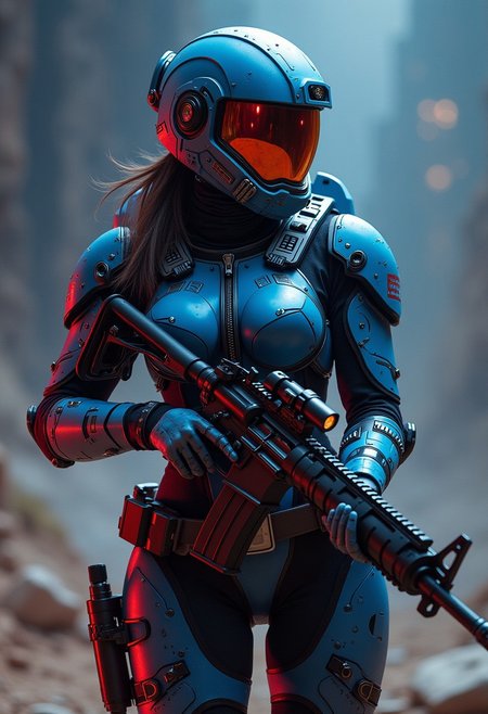 A digital artwork in the style of cknc,, female space pirate in blue and red power armour, helmet with a clear visor reflecting light, hyperdetailed helmet, holding an assault rifle, abstract background suggesting a dusty planet, in a dark night
